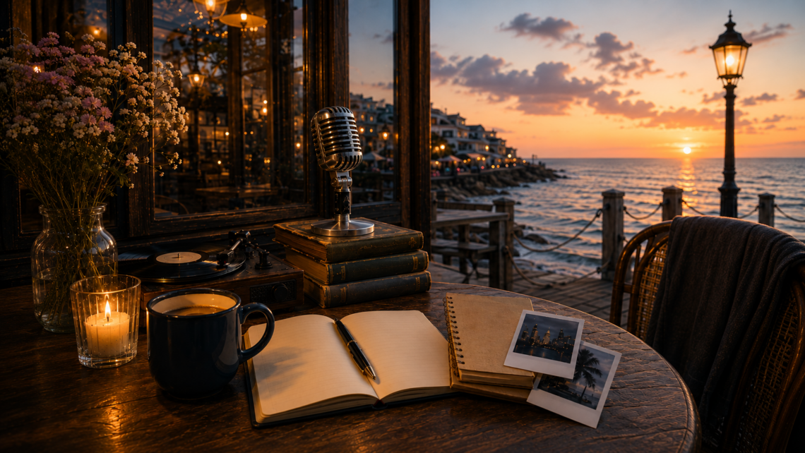 Vintage microphone beside books, coffee, and candlelight in a seaside cafe at sunset overlooking the ocean.